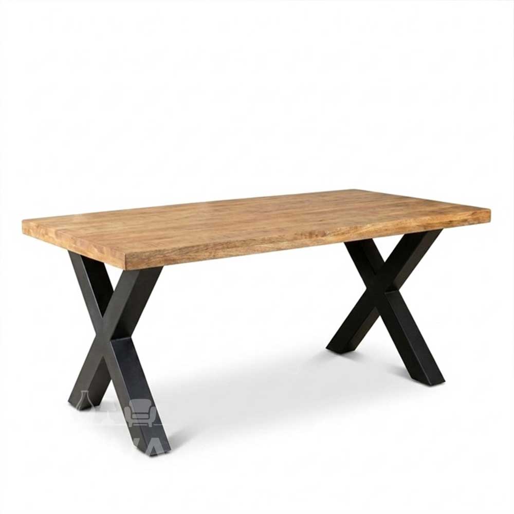 Mangohouten eettafel 160cm rechthoek met stalen X poten.